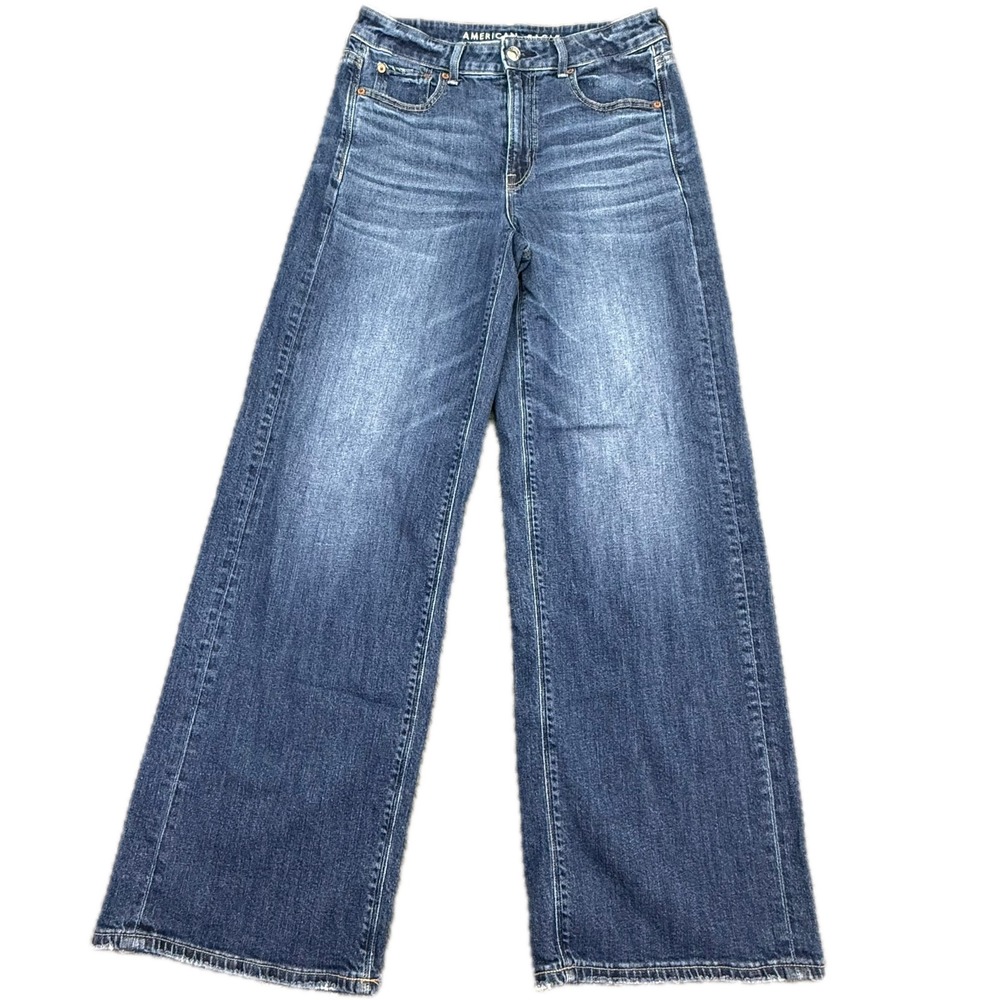 American Eagle Baggy Wide Leg Jeans Womens 2 Blue Super High Rise Stretch
